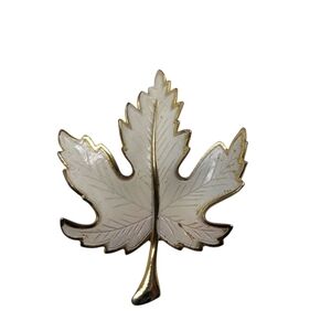 Vintage White Enamel Maple Leaf Brooch 2.5” x 2